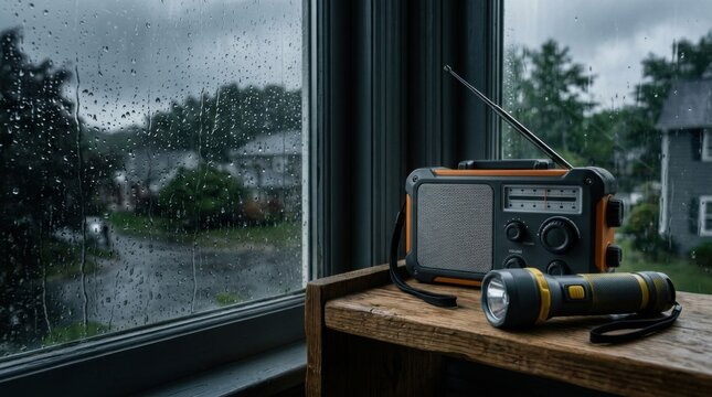 Emergency Radio and Flashlight Ready During A Stormy Weather On A Wooden Shelf