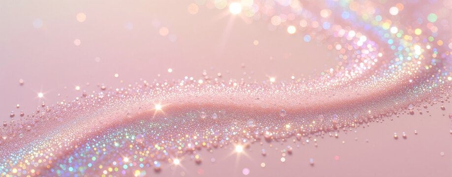 Pink glitter wave flows across pastel background. Shimmering sparkles, bright bokeh create elegant magical texture. Soft rose gold dust with iridescent light drops shines on surface. Dreamy glowing