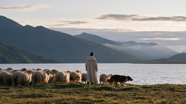 Scottish shepherd moving a flock along a highland loch shore at dusk, border collie working the flanks, mountains behind, soft mist settling, rural UK agriculture, working dog,