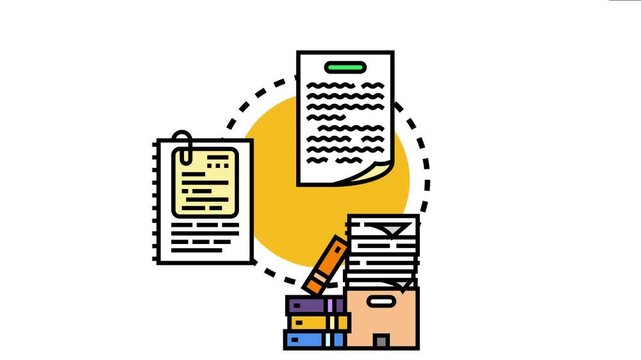 Document workflow concept various stages of information management, including note taking, organizing documents in a binder, and archiving records in a box with books
