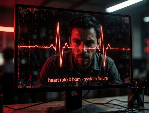 Stressed man stares at computer monitor with red heart rate graph. Screen shows flatline signal, system failure text. Overworked worker faces mental burnout tech crisis in dark office. Digital