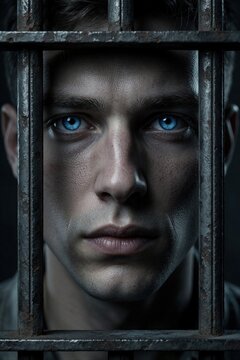 Close up portrait of young man with blue eyes behind rusty prison bars. Inmate looks through metal jail cell window with serious expression. Depressed prisoner faces justice in dark detention center.