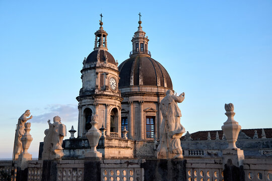 Catania, Italy; 1st September 2026: The historic Cathedral of Saint Agatha in Catania stands tall against a clear blue evening sky