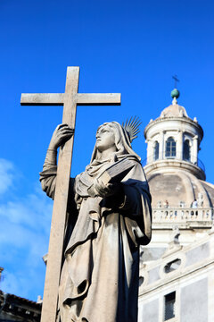 Catania, Italy; 1st September 2026: The historic Cathedral of Saint Agatha in Catania stands tall against a clear blue evening sky