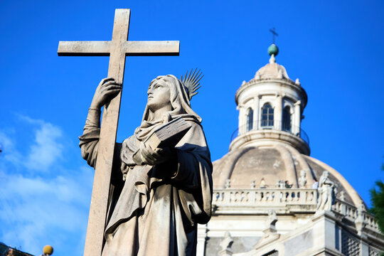 Catania, Italy; 1st September 2026: The historic Cathedral of Saint Agatha in Catania stands tall against a clear blue evening sky