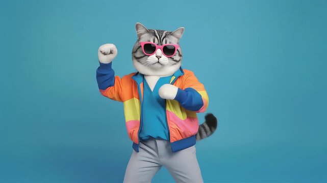Anthropomorphic cat wearing retro sunglasses and colorful jacket dancing energetic moves in video clip motion