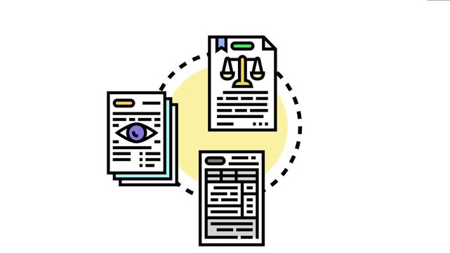 Notary verification process ensuring legal document signature authenticity. Featuring a judge's scales. An eye for security. And a sheet for record keeping