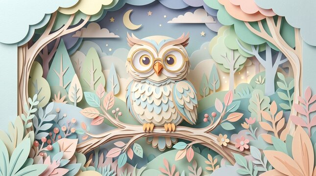 Layered paper cutout illustration of owl wearing round glasses