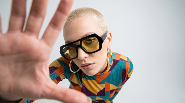 Edgy Gen Z Woman in Wide-Angle Studio Fashion Portrait with Yellow Sunglasses and Geometric Pattern Outfit