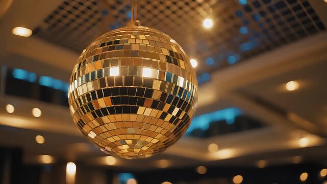 Golden disco ball hanging indoors reflecting bright party lights in this festive celebration motion video clip