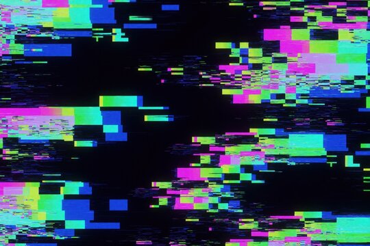 Abstract glitch texture background with colorful digital distortion. Neon blue pink and green pixel blocks on black screen. Cyberpunk aesthetic error effect for modern graphic design.