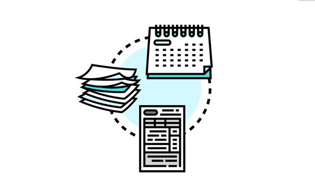 Notary application document list process involving a calendar for scheduling, a stack of necessary papers, and an official report form or document