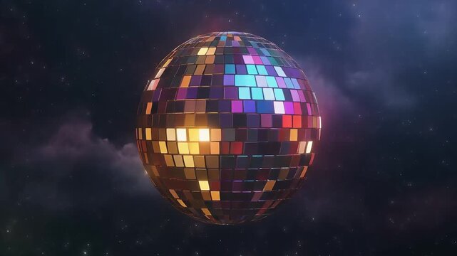 Spinning disco ball reflecting colorful neon lights floating peacefully in deep cosmic space video footage