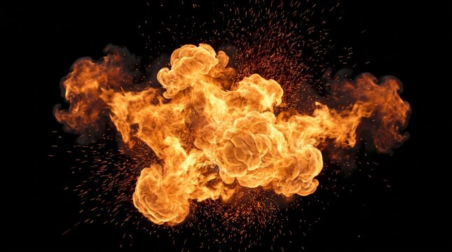 Powerful fiery explosion burst with bright flames sparks and smoke on black background