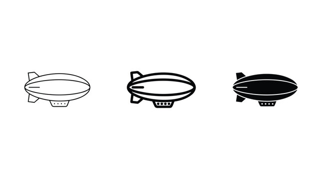 Airship blimp zeppelin icon in three styles representing futuristic or vintage aerial transport.
