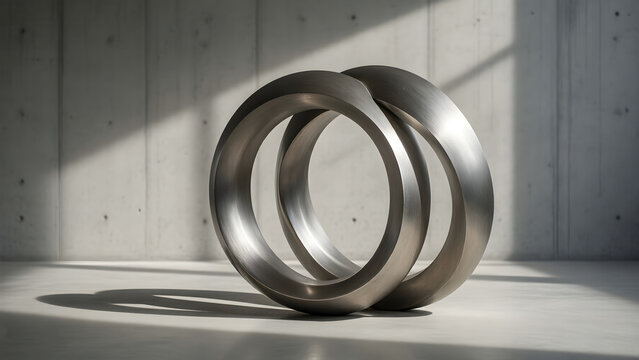 Interlocking steel ring sculpture casting geometric shadows