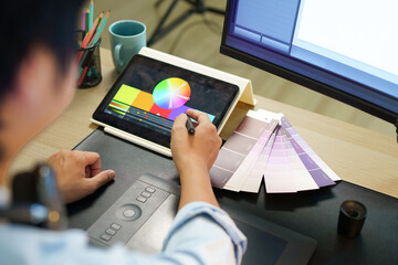 Hands, man and graphics tablet for drawing, editing design and development with pen in office. Stylus, designer and pad at creative startup for digital art, sketch review and business project © Stella 16