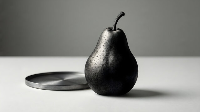 Dark pear still life beside a round printmaking plate