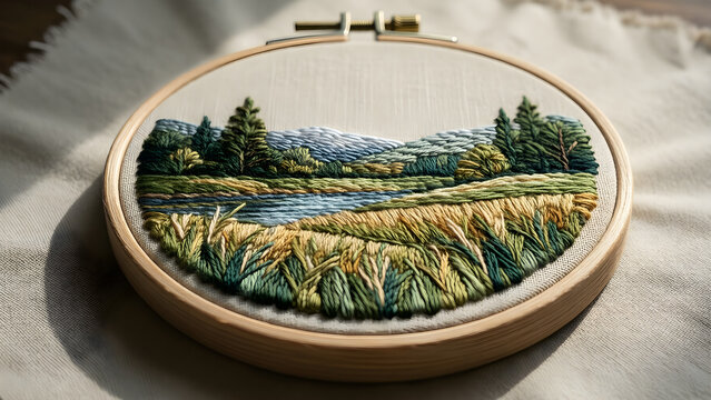 Embroidery artwork tracing an imaginary landscape