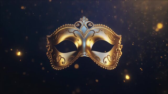 Elegant golden masquerade mask floating with glowing sparkles in motion video background clip