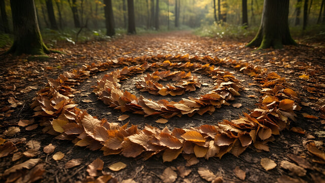 Land art circles arranged from fallen leaves