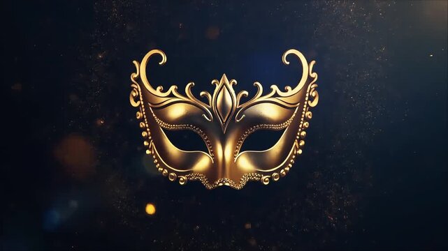 Golden masquerade mask glowing with elegant particles and magical light effects in motion background video clip