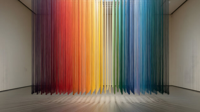 Colored thread curtain installation in an art hall