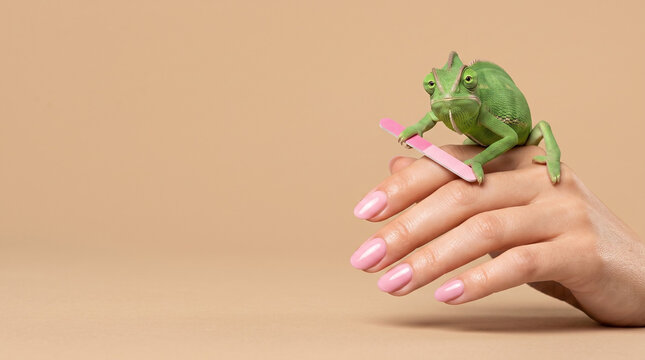 Green chameleon sitting on female hand holding nail file with pink manicure on beige background, adaptive beauty and precision nail salon concept with vast copy space
