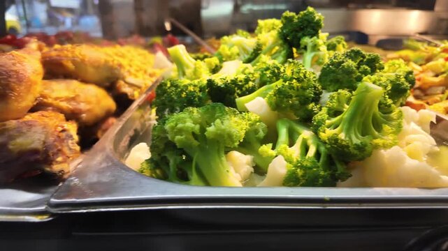 Freshly steamed broccoli and cauliflower with grilled chicken in buffet display motion footage.