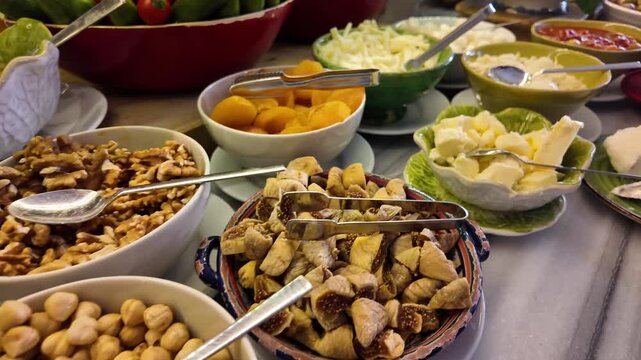 Close up of diverse breakfast buffet spread featuring nuts fruits and cheeses.