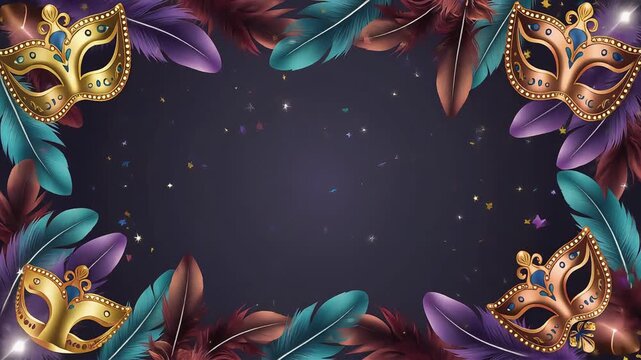 Carnival masquerade masks and colorful feathers moving gently in festive background animation loop video footage
