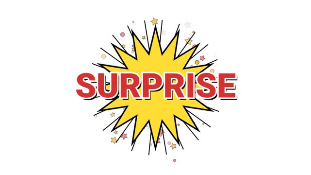 Retro comic book style 'Surprise' text in red over a vibrant yellow starburst graphic on a plain white background.