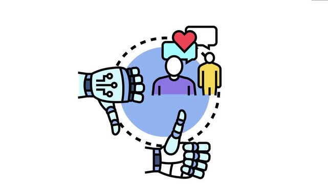 Abstract picturing humanoid robots and human figures exchanging nonverbal hand gestures, symbolizing artificial intelligence in communication and social interactions