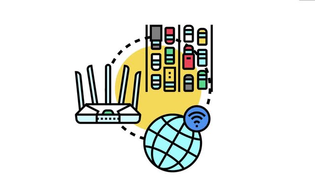 Nonstop route diagram data packet travel from a wireless router across a global network, symbolizing efficient and continuous connection