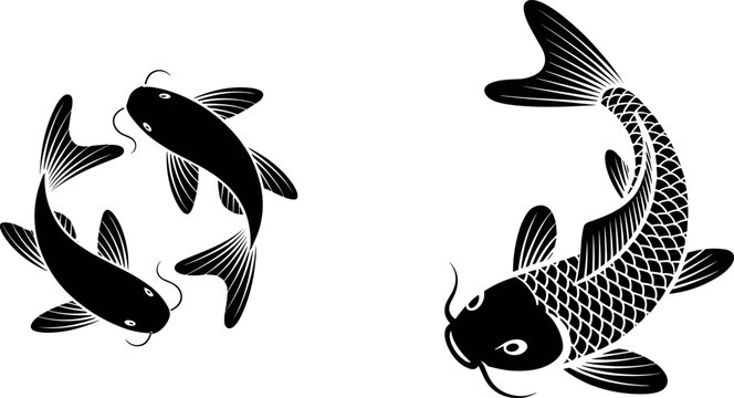 Swimming koi fish silhouettes vector set featuring patterned carp in dynamic circular poses for oriental designs