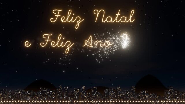 3D render of glowing gold Portuguese holiday greeting text for 2027 over the night skyline of Rio de Janeiro, featuring Sugarloaf Mountain and shimmering city lights