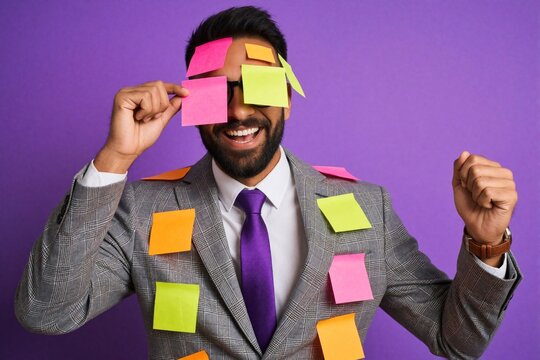 Happy young Indian businessman with colorful sticky notes on face, suit. Successful male entrepreneur celebrates achievement overcomes work challenge with humor. Funny man laughs covered in paper
