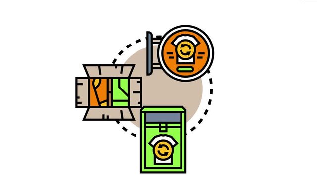 Clothing donation and recycling process with items collected in a box, then placed into a dedicated bin, and finally arriving at a secondhand store for reuse