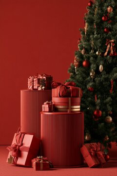 Gift boxes arranged on ribbed red podiums beside a decorated Christmas tree. Christmas holiday product display mockup. Seasonal gift giving and festive advertising concept.