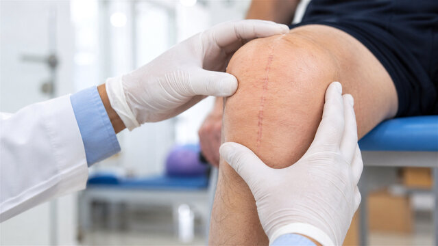 healthcare professional examines patients knee and healed surgical scar in clinic. Orthopedic assessment and post-operative recovery. Joint care, rehabilitation and physical therapy