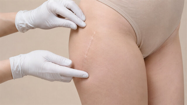 medical professional examining a healed skin scar on the hip. Dermatology consultation and scar assessment. Wound healing, skin care and recovery. Healthcare and patient care