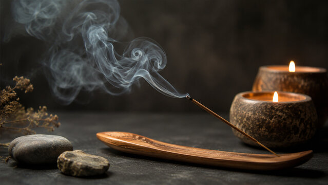 incense stick releasing curling smoke beside candle holders and wooden incense tray. Aromatherapy and relaxation ritual. Mindfulness, wellness and spa ambience. Zen-inspired still life