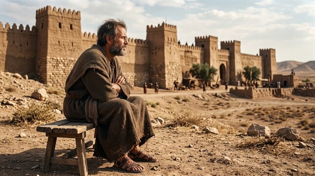 Biblical Prophet Jonah Seated Outside Ancient Nineveh Walls Reflecting Frustration in Desert Landscape