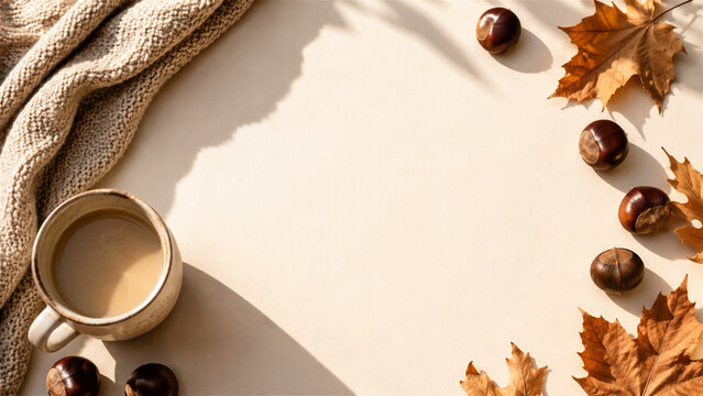coffee with chestnuts and autumn leaves on cream surface. Knitted scarf flat lay with copy space. Cozy fall coffee break and seasonal comfort. Harvest greeting card background