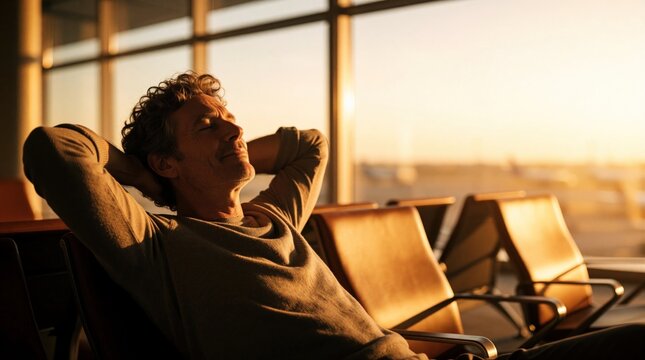 Middle aged man relaxes in airport lounge during sunset. Happy traveler sits in terminal chair with hands behind head. Peaceful male passenger enjoys calm moment waiting for flight at aerodrome. Warm