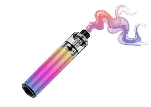 Vape device illustration emitting colorful smoke against white.