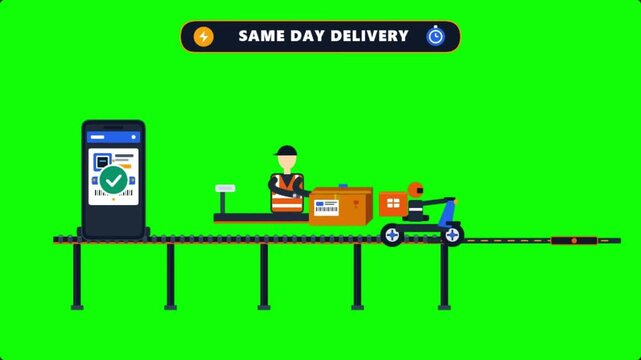 Same Day Delivery Process Animation with Logistics and Courier on Green Screen