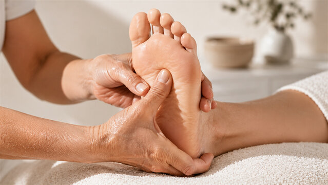 hands massaging a bare foot on a spa towel. Foot massage and reflexology treatment. Wellness, relaxation and self care. Spa therapy, therapeutic touch and personal wellbeing