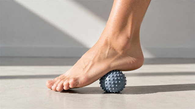 bare foot rolling a spiky massage ball on the floor. Plantar foot self-massage and myofascial release. Foot care, muscle recovery and pain relief. Wellness and physical therapy exercise