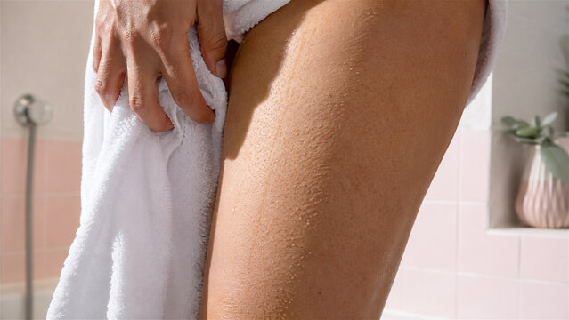 person drying bare thigh with white towel in bathroom. Post-bath body care and personal hygiene routine. Skincare, bathing and daily self-care concept. Close-up wellness lifestyle